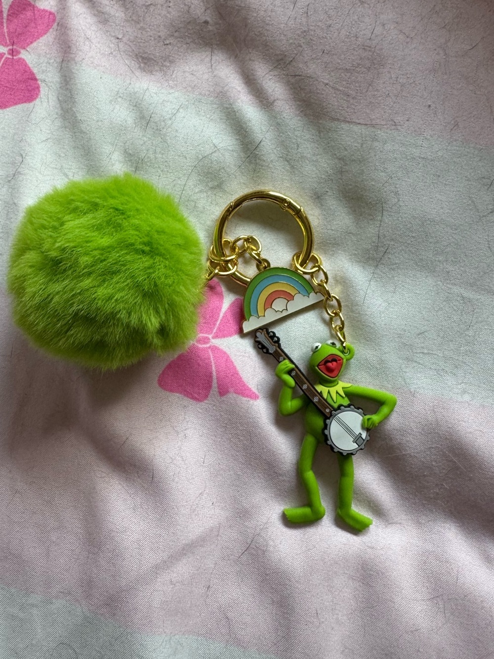 Green Pom-Pom Key & Card Holder with Kermit-Style Frog and Rainbow Charm